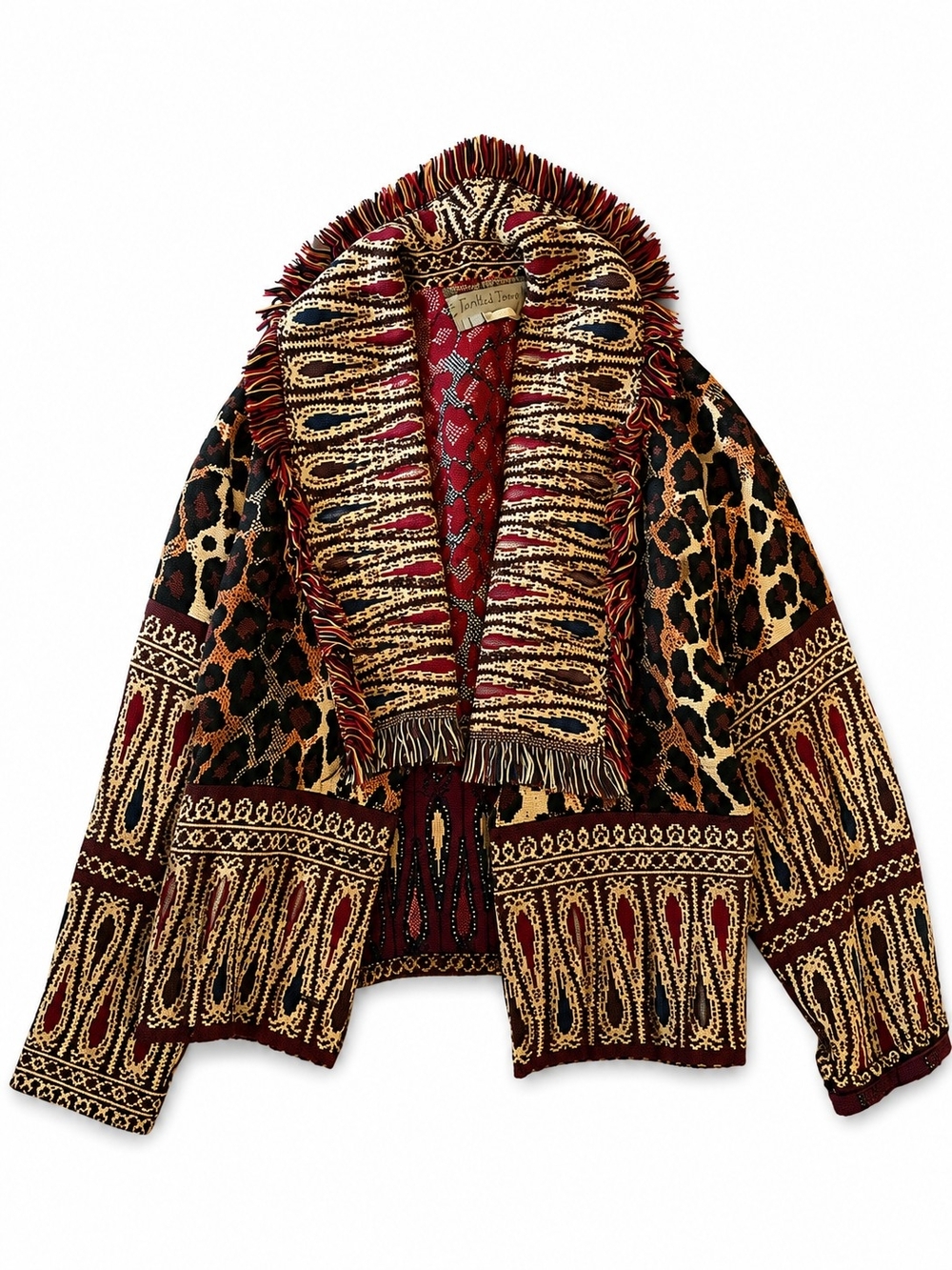 PAINTED PONY Red & Leopard Patterned Fringe Jacket - Medium